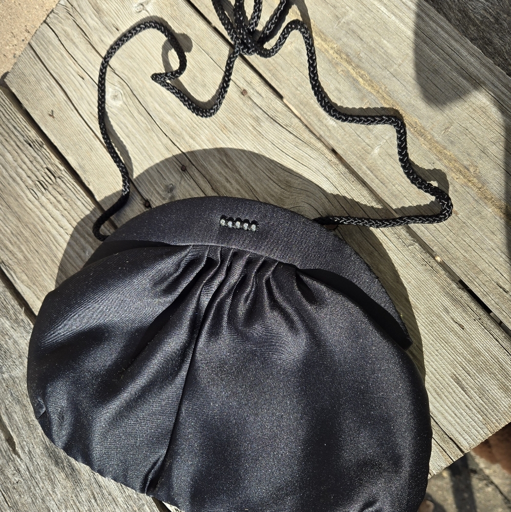 Vtg silky black clutch Purse cord/strap rhinestones prom